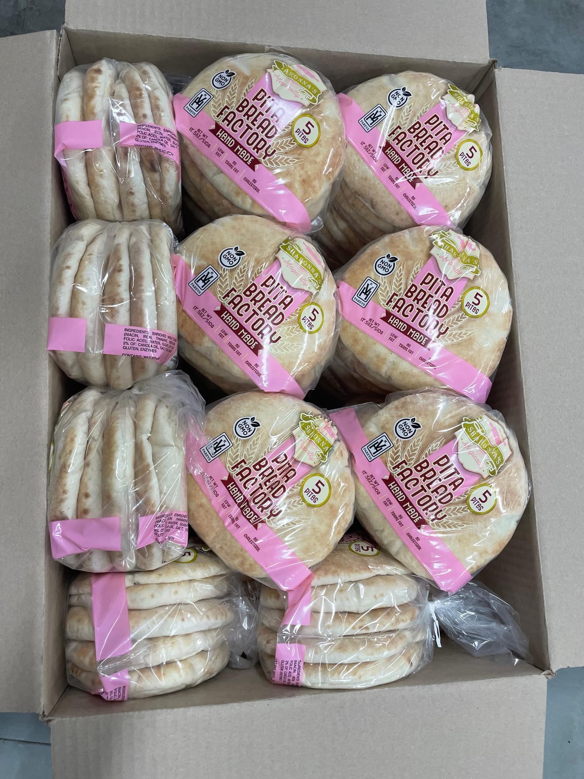 Wholesale box packed with nine bags of handmade pita